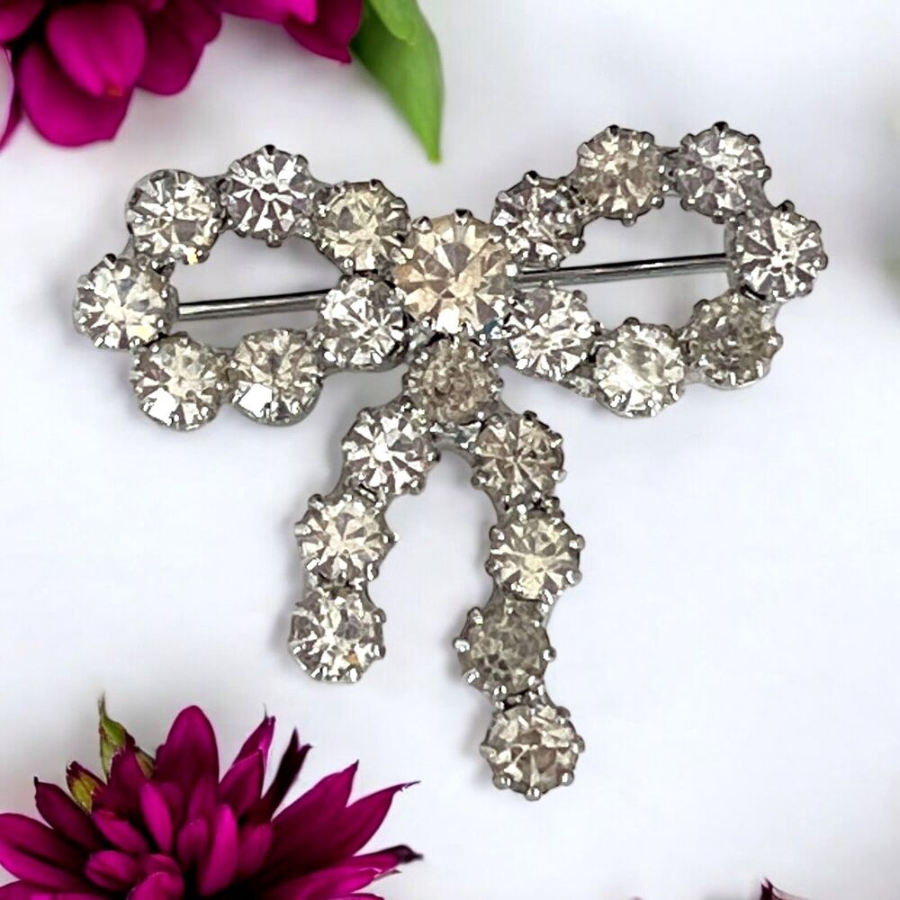 Vintage 1960s Bow Brooch Rhinestone Drop Silver Tone Statement Pin - 10Q